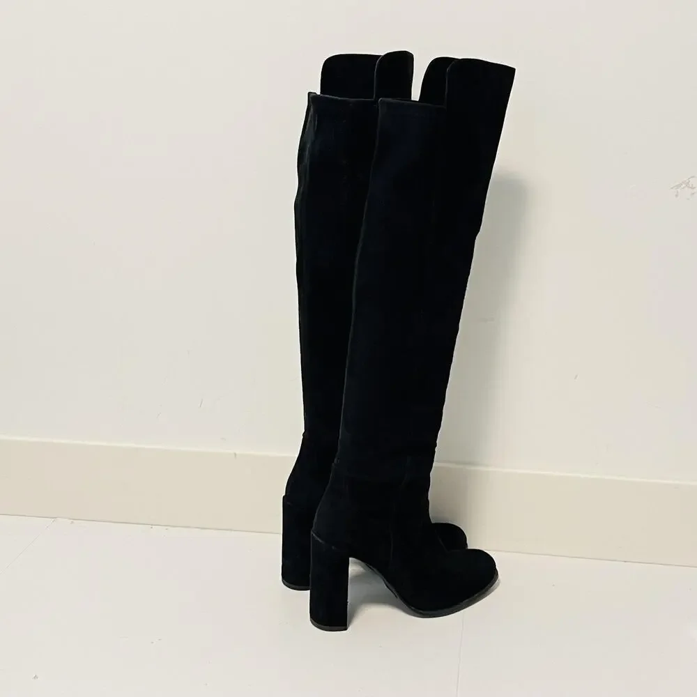 Stuart Weitzman Boots Womens 6 Black Suede Thigh High Over Knee Zip Block Heel